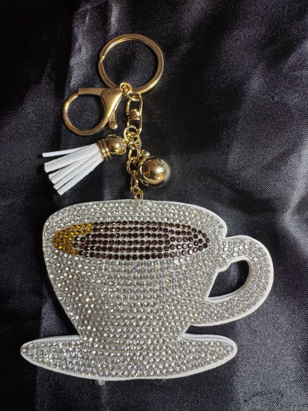 Rhinestone Coffee Cup Keychain Charm - White